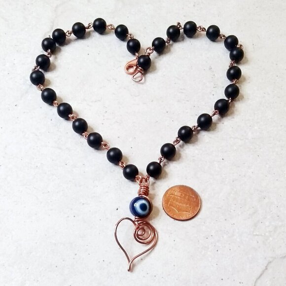 Handmade & Unique! Wire Wrapped Heart Necklace ~ Black Stone + Copper ~ Evil Eye - Picture 10 of 15